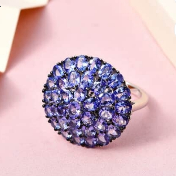 Genuine Tanzanite Cluster Ring in Platinum over Sterling Silver Sz 6 - Picture 3 of 12